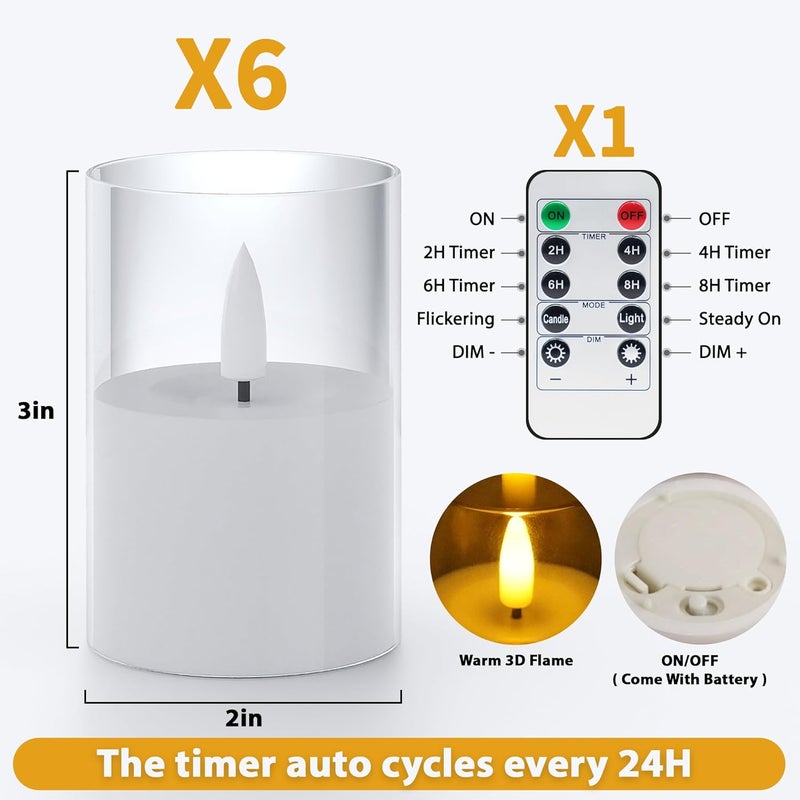 VIODAIM 6Pack Flickering Flameless LED Candles with Remote & Timer, Battery Powered - Small Pillar & Votive, Clear (2"X3") - Image 2